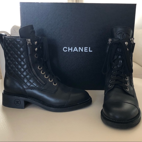 chanel lace up combat boots